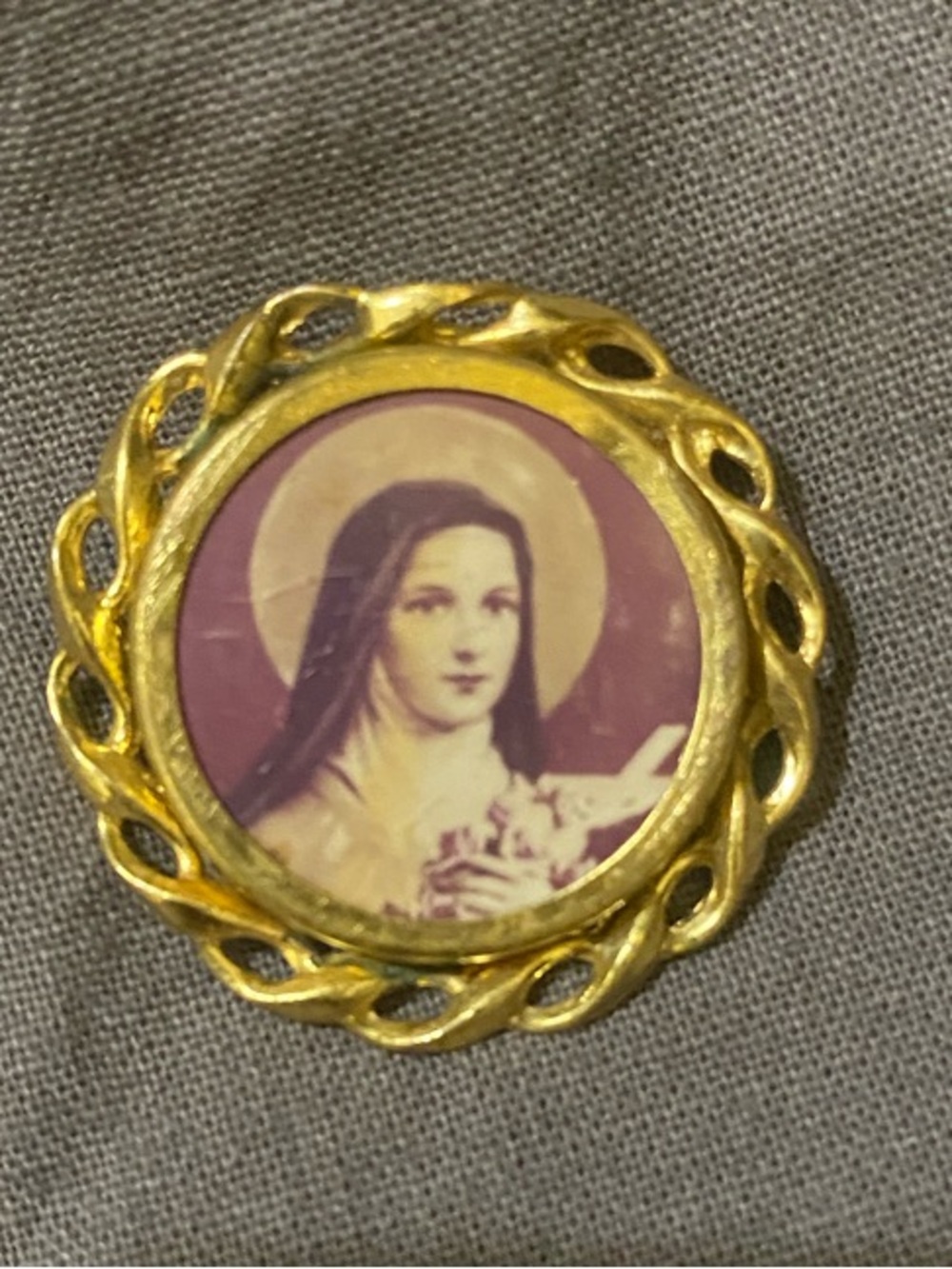 Vintage Gold-Tone Religious Portrait Brooch